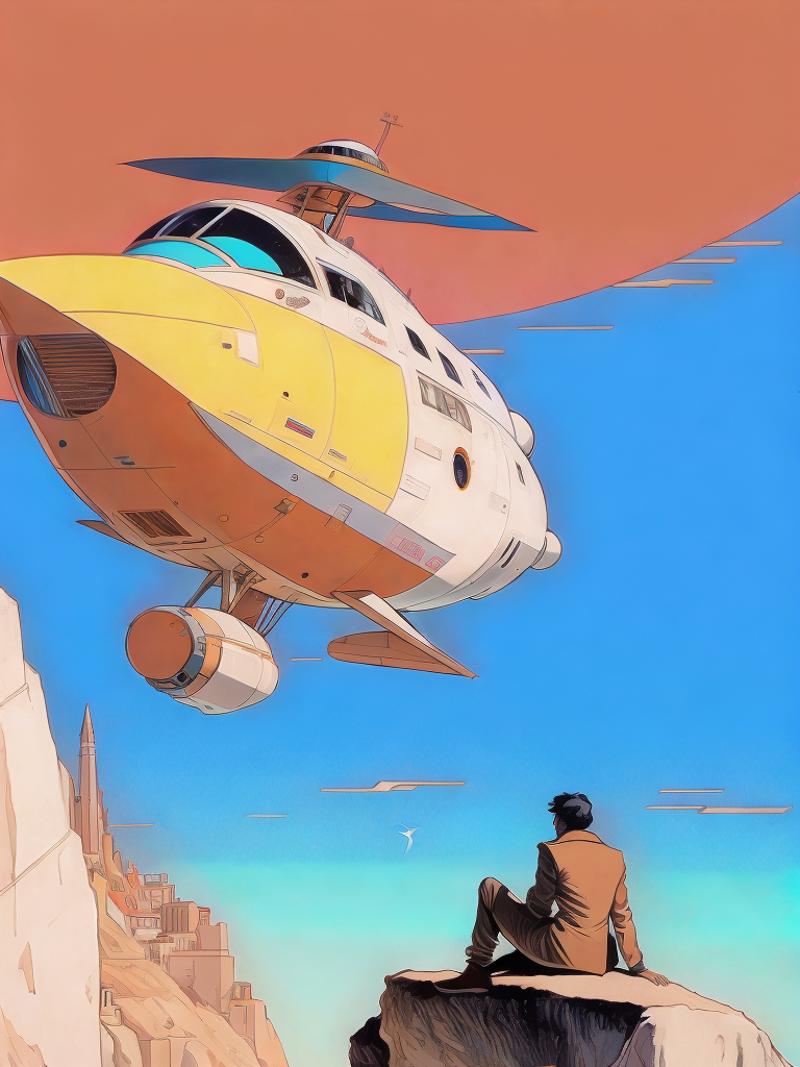 00710-3006304972-a painting of a person sitting on a cliff with a spaceship in the background by Moebius Jean Giraud.png